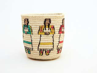 Traditional Dancers: Coiled basket, round reed core, wrapped with dyed and natural raffia - Carol Emarthle-Douglas, Seminole/Northern Arapaho