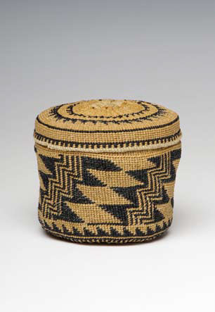 Chimariko Basket (lidded) with Box: Basket: linen, Box: book board, acrylic mediums, cotton cloth, ribbon - Kathey Ervin