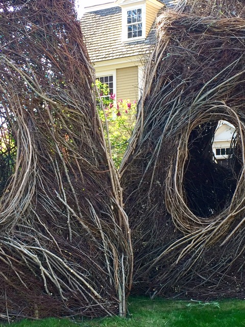 Detail of Stickwork sculpture with Peabody Essex Museum Historic House in the background