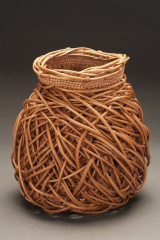 Jennifer Zurick - Entwined #732 - willow bark and honeysuckle vine basket created using hexagonal weave, random weave and wrap twining
