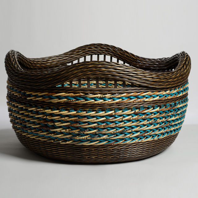 4 Inset Handle 2 Section Plaiting Brown/Turquoise Basket by Peeta Tinay